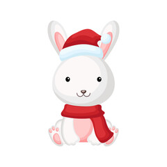 Cute little rabbit sitting in a Santa hat and red scarf. Cartoon animal character for kids t-shirts, nursery decoration, baby shower, greeting card, invitation. Isolated vector stock illustration
