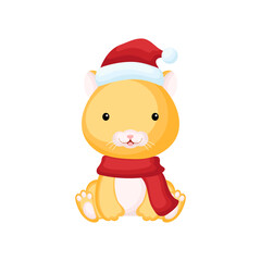 Cute little hamster sitting in a Santa hat and red scarf. Cartoon animal character for kids t-shirts, nursery decoration, baby shower, greeting card, invitation. Isolated vector stock illustration