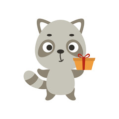 Cute little raccoon with gift box on white background. Cartoon animal character for kids t-shirt, nursery decoration, baby shower, greeting card, invitation, house interior. Vector stock illustration