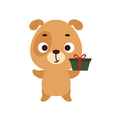 Cute little dog with gift box on white background. Cartoon animal character for kids t-shirt, nursery decoration, baby shower, greeting card, invitation, house interior. Vector stock illustration