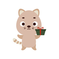 Cute little cat with gift box on white background. Cartoon animal character for kids t-shirt, nursery decoration, baby shower, greeting card, invitation, house interior. Vector stock illustration