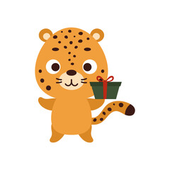 Cute little jaguar with gift box on white background. Cartoon animal character for kids t-shirt, nursery decoration, baby shower, greeting card, invitation, house interior. Vector stock illustration
