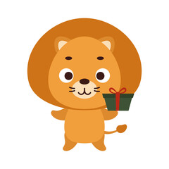Cute little lion with gift box on white background. Cartoon animal character for kids t-shirt, nursery decoration, baby shower, greeting card, invitation, house interior. Vector stock illustration