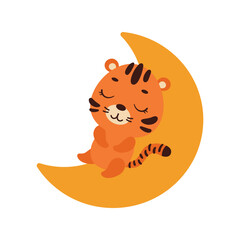 Cute little tiger sleeping on moon. Cartoon animal character for kids t-shirt, nursery decoration, baby shower, greeting cards, invitations, house interior. Vector stock illustration