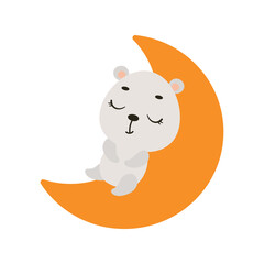 Cute little polar bear sleeping on moon. Cartoon animal character for kids t-shirt, nursery decoration, baby shower, greeting cards, invitations, house interior. Vector stock illustration