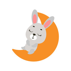 Cute little bunny sleeping on moon. Cartoon animal character for kids t-shirt, nursery decoration, baby shower, greeting cards, invitations, house interior. Vector stock illustration