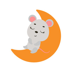 Cute little mouse sleeping on moon. Cartoon animal character for kids t-shirt, nursery decoration, baby shower, greeting cards, invitations, house interior. Vector stock illustration