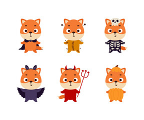 Cute Halloween fox set. Cartoon animal character collection for kids t-shirts, nursery decoration, baby shower, greeting card, invitation. Vector stock illustration