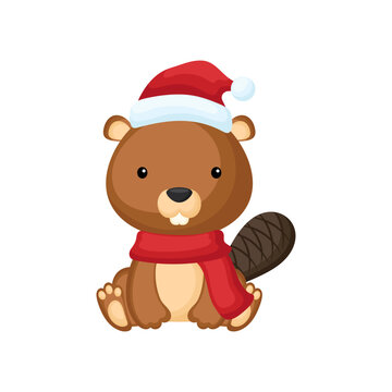Cute little beaver sitting in a Santa hat and red scarf. Cartoon animal character for kids t-shirts, nursery decoration, baby shower, greeting card, invitation. Isolated vector stock illustration