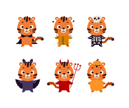 Cute Halloween tiger set. Cartoon animal character collection for kids t-shirts, nursery decoration, baby shower, greeting card, invitation. Vector stock illustration