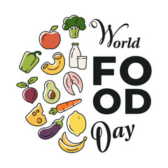 Circle background of food icons. World food day poster. Modern simple Illustration of healthy eating.