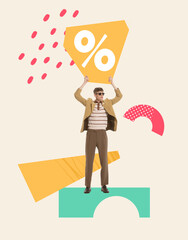Contemporary art collage. Stylish young man standing with cardboard poster of percentage sign above...