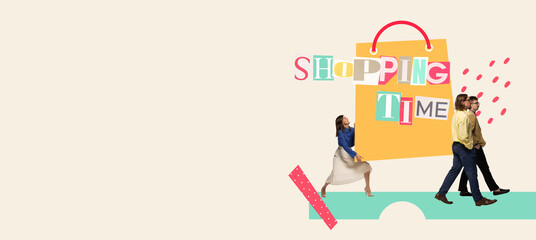 Contemporary art collage. Group pf people carrying gian shopping back. Sales season