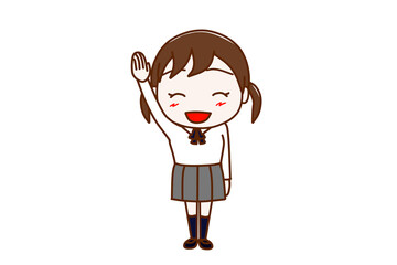 （全身正面）ハイ！と元気よく手を挙げて笑顔になる女子学生