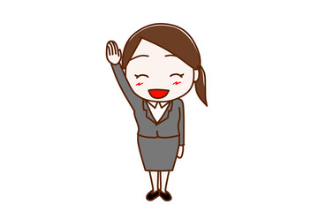 （全身正面）ハイ！と元気よく手を挙げて笑顔になるスーツ姿の女性