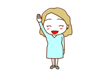 （全身正面）ハイ！と元気よく手を挙げて笑顔になる白人女性