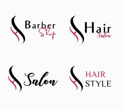 Set Letter S H SH Monogram Script Hair Style, Barber Shop And Hair Salon Logo Design Vector  