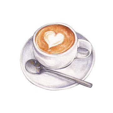 Watercolor cup of coffee, latte illustration on white