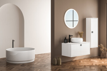 Naklejka na ściany i meble Modern bathroom interior with beige walls, white basin with oval mirror, bathtub and parquet floor. Minimalist beige bathroom with modern furniture. 3D rendering