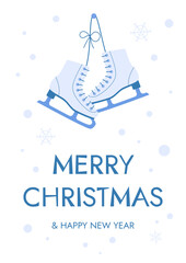 Ice skaters hangings on the nail. Greeting card for Christmas. Snowflakes. Lettering text. Flat vector illustration