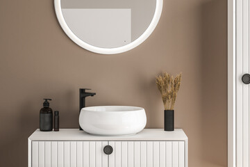 Fototapeta premium 3D render an wooden vanity counter with white ceramic washbasin and modern style faucet in a bathroom with morning sunlight and shadow. Blank space for products display mockup. 3D Rendering