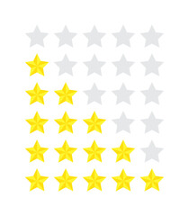 Set of one to five star product ratings, flat icon reviews for apps and websites. Yellow 5 star sticker with blank grading silhouette, isolated on white background. Customer satisfaction rating level.