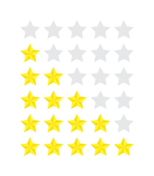 Set of one to five star product ratings, flat icon reviews for apps and websites. Yellow 5 star sticker with blank grading silhouette, isolated on white background. Customer satisfaction rating level.