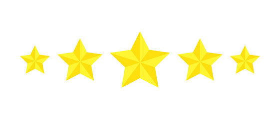 Five star rating, flat icon review for apps and websites. Yellow 5 star rank sticker isolated on a white background. For customer ratings or levels of food products, services, hotels, or restaurants.