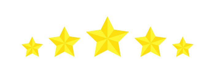 Obraz premium Five star rating, flat icon review for apps and websites. Yellow 5 star rank sticker isolated on a white background. For customer ratings or levels of food products, services, hotels, or restaurants.