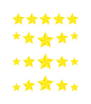 Set of five star product ratings, flat icon reviews for apps and websites. Yellow 5 star sticker isolated on a white background. Customer satisfaction rating for food, service, hotel, or restaurant.