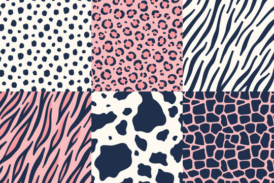 Vector set of seamless patterns with animal skins. Cheetah, leopard, zebra, tiger, cow, giraffe. Cold color palette