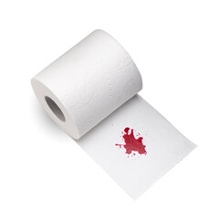 Used sheet of bloody toilet paper and a roll on white background, hemorrhoids and rectal bleeding concept. Roll of toilet paper isolated on the white background