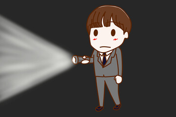 （全身斜め）暗闇の中、懐中電灯を持って光を当て前に歩いている男子学生