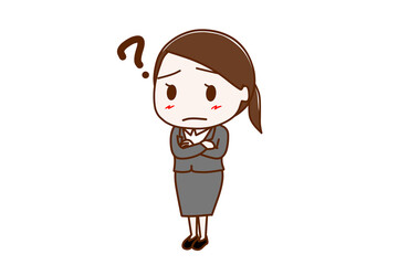 （全身斜め）腕を組んではてなと疑問に思っているスーツ姿の女性