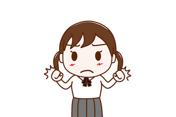 （上半身正面）握りこぶしを作り気合を入れるようにファイティングポーズを作る女子学生