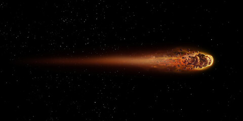 Burning meteorite on black background. Asteroid of iron and magnetite as it passes through Earth's orbit. 3d illustration 2 - obrazy, fototapety, plakaty