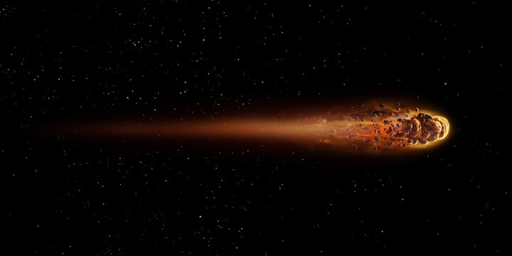 Burning meteorite on black background. Asteroid of iron and magnetite as it passes through Earth's orbit. 3d illustration 2
