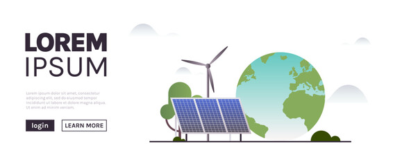 Sustainability and esg, green, energy, sustainable industry with windmills and solar energy panels, environmental, social, corporate governance concept flat vector illustration.