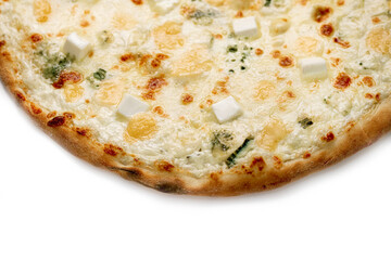 Close Up cheese pizza with four sort cheese isolated on white background. Copyspace. Top view.