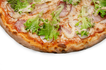 Pizza Close Up with ham, bacon, green salad and cheese isolated on white background. Copyspace. Top view.