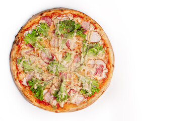 Fresh pizza with ham, bacon, green salad and cheese isolated on white background. Copyspace. Top view.