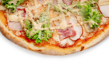 Pizza Close Up with ham, bacon, green salad and cheese isolated on white background. Copyspace. Top view.