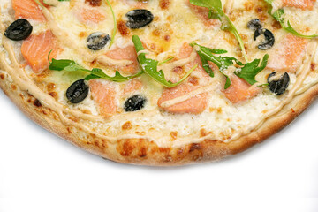 Pizza Close Up with Salmon, olives, gravy and cheese isolated on white background. Copyspace right. Top view