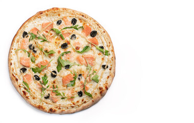 Fresh pizza with Salmon, olives, gravy and cheese isolated on white background. Copyspace right. Top view
