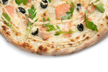 Pizza Close Up with Salmon, olives, gravy and cheese isolated on white background. Copyspace right. Top view