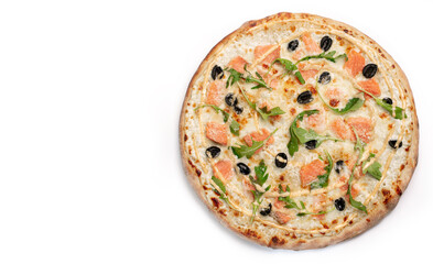 Fresh pizza with Salmon, olives, gravy and cheese isolated on white background. Copyspace left. Top view