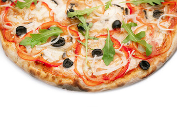 Pizza Close Up with sweet red pepper, olives, mushrooms and cheese isolated on white background. Copyspace. Top view