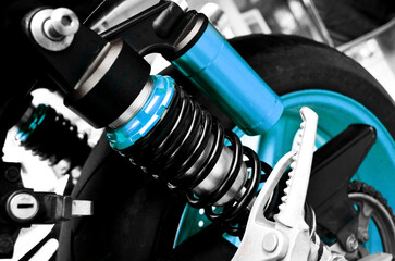 Fototapeta na wymiar Close up of springs, shock absorbers motorcycle big bike. Rad shock Absorbers motorcycle . focus on suspension.