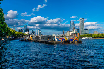 Fototapeta premium A view from the Embankment towards Waterloo Bridge in London, UK on a summers evening