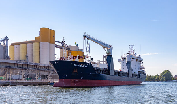 Gdansk, Poland - August 14, 2022: A picture of a cargo ship docked in the Gdansk Shipyard.